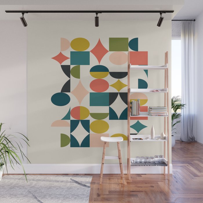 Mid Century Modern Abstract Colorful Shapes Funky Cool Minimalist Pattern Wall Mural Gallery Image 1