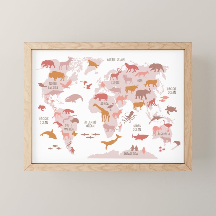 Kids animal world map in shades of pink, blush, rose. Minimalist Scandinavian style Mini Art Print Gallery Image 1