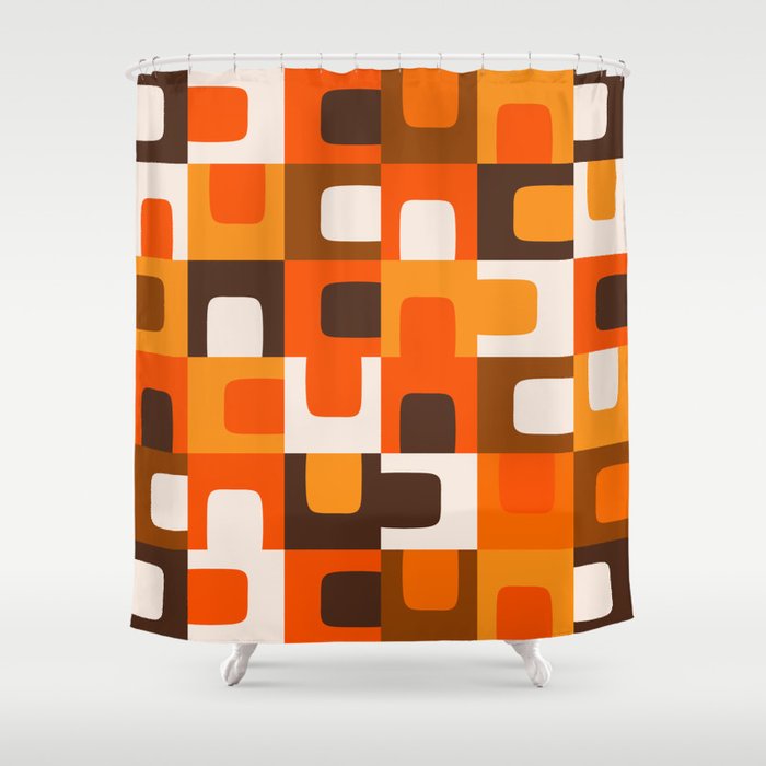 Mid Century Modern Concordance Retro Geometric Pattern in 70s Brown and Orange 2 Shower Curtain Gallery Image 1
