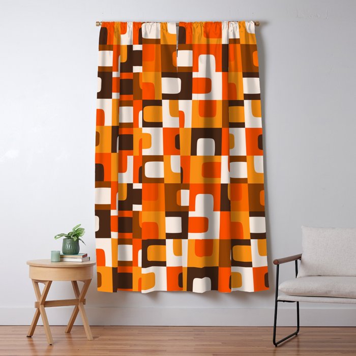 Mid Century Modern Concordance Retro Geometric Pattern in 70s Brown and Orange 2 Window Curtain Gallery Image 5