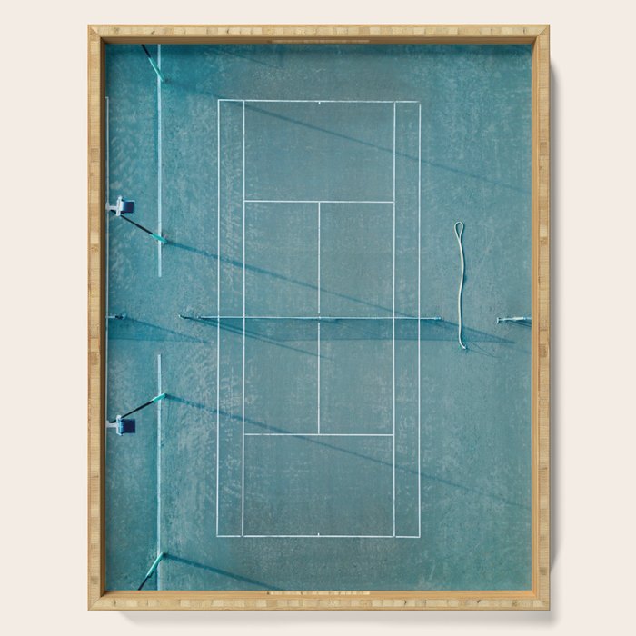 Blue tennis court at sunrise | Colorful drone aerial photography art | sports field print Serving Tray Gallery Image 1