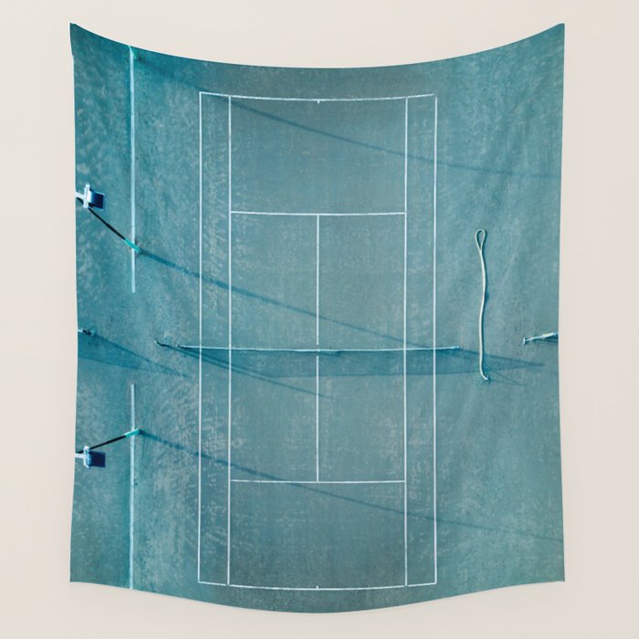 Blue tennis court at sunrise | Colorful drone aerial photography art | sports field print Wall Tapestry Gallery Image 4