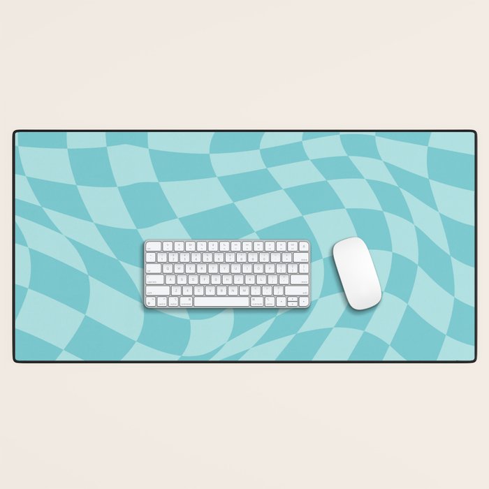 Warped Checkered Pattern in Aqua Blue, Wavy Checkerboard Desk Mat Gallery Image 1