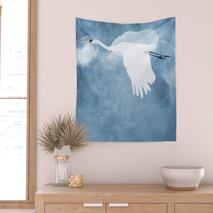 White Egret In Flight Illustration Wings Down Wall Tapestry Gallery Image 2