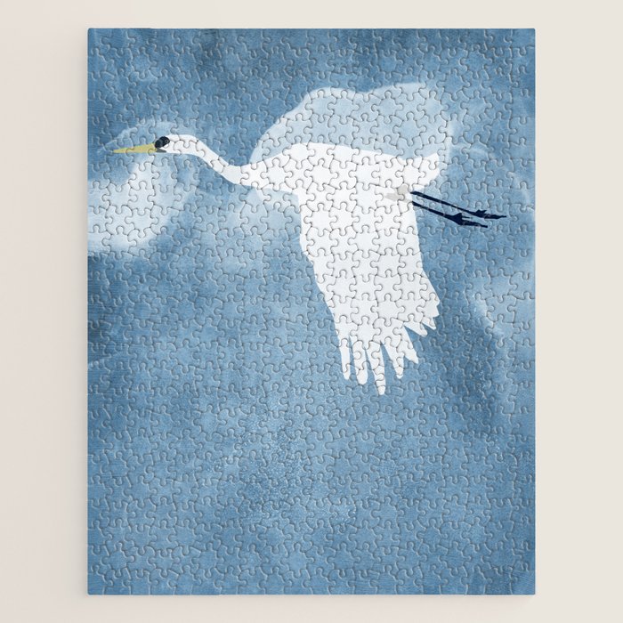 White Egret In Flight Illustration Wings Down Jigsaw Puzzle Gallery Image 1