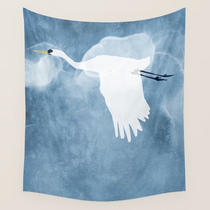 White Egret In Flight Illustration Wings Down Wall Tapestry Gallery Image 4