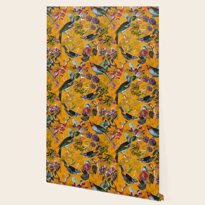 Vintage Flowers And Colorful Birds In Exotic Yellow Botanical Garden Wallpaper Gallery Image 2