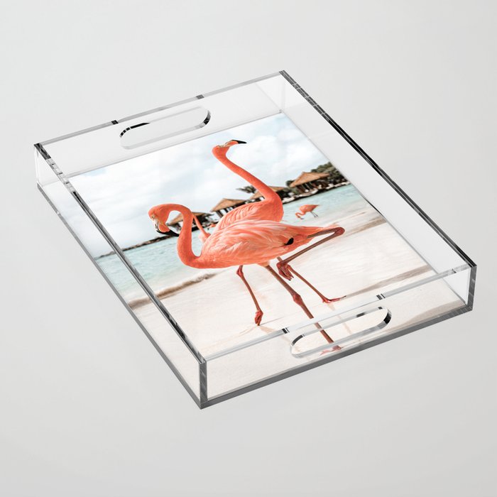 Pink Flamingos On Aruba Island Art Photo | Caribbean Beach Wall Print | Tropical Travel Photography Acrylic Tray Gallery Image 1