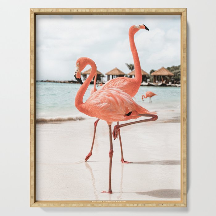 Pink Flamingos On Aruba Island Art Photo | Caribbean Beach Wall Print | Tropical Travel Photography Serving Tray Gallery Image 1