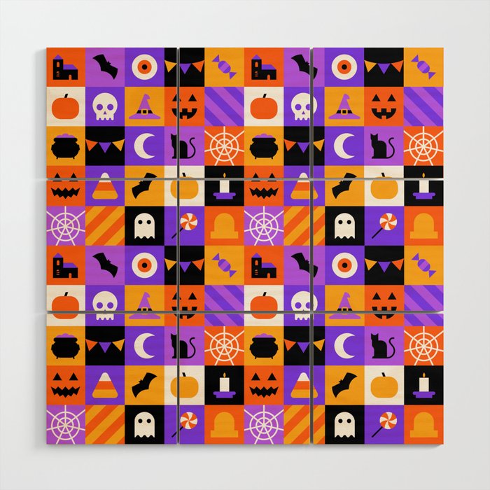 Geometric halloween mosaic pattern Wood Wall Art Gallery Image 1