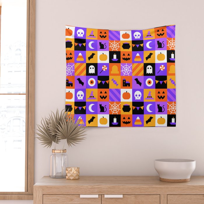Geometric halloween mosaic pattern Wall Tapestry Gallery Image 2