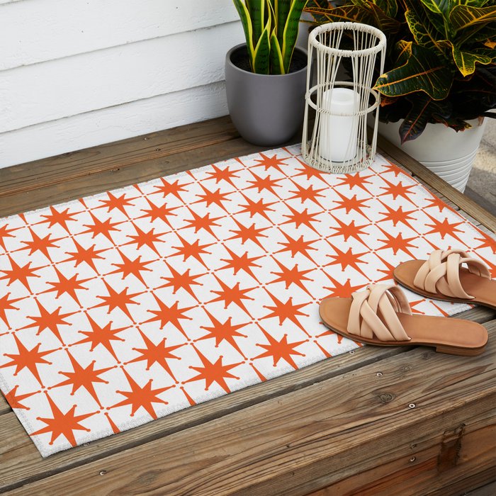 Midcentury Modern Atomic Starburst Pattern Orange and White Outdoor Rug Gallery Image 2