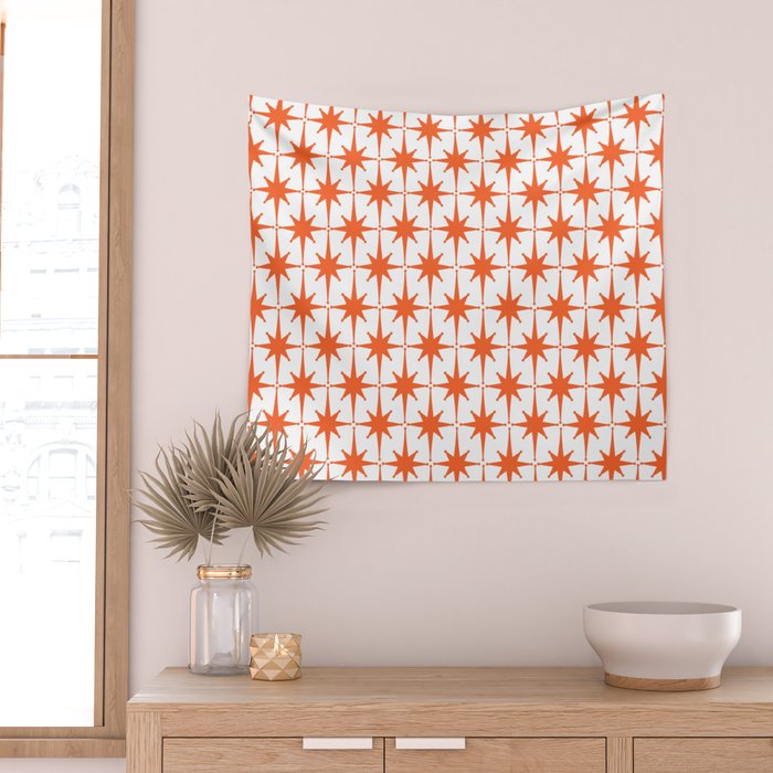 Midcentury Modern Atomic Starburst Pattern Orange and White Wall Tapestry Gallery Image 2