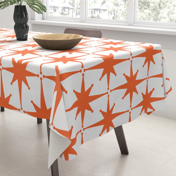 Midcentury Modern Atomic Starburst Pattern Orange and White Tablecloth Gallery Image 3