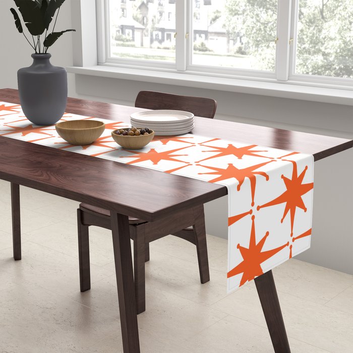 Midcentury Modern Atomic Starburst Pattern Orange and White Table Runner Gallery Image 2