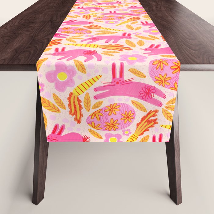 Cute Colorful Rabbits & Decorative Eggs in Pastel Pink Table Runner Gallery Image 1