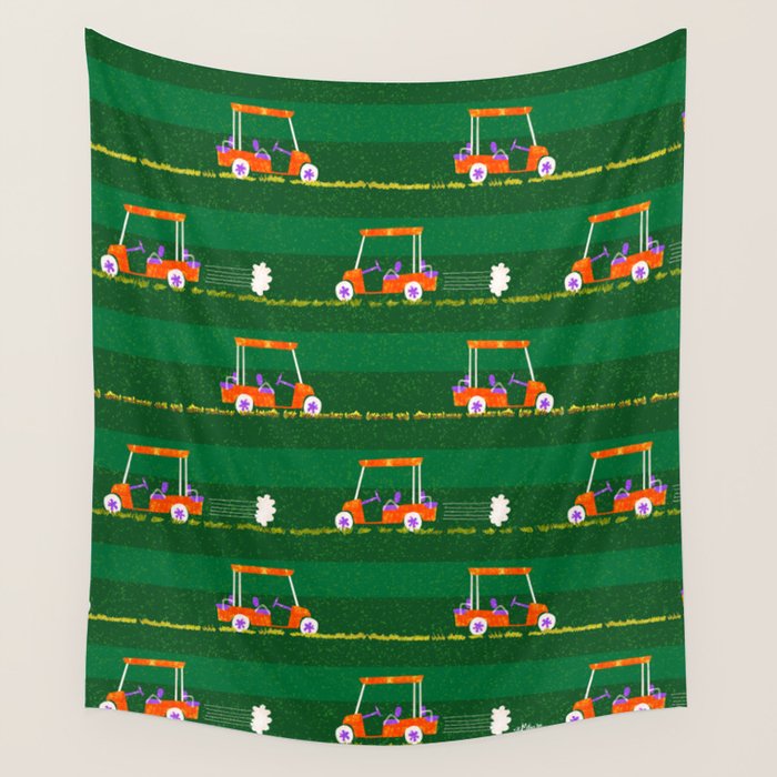 Retro Golf Cart Rides in Emerald Green & Orange Wall Tapestry Gallery Image 4
