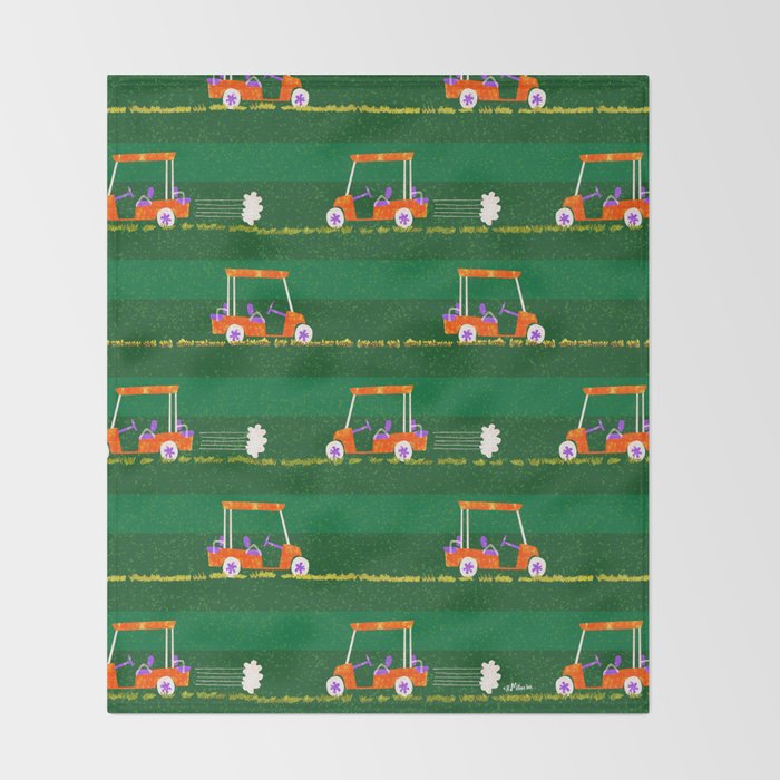 Retro Golf Cart Rides in Emerald Green & Orange Throw Blanket Gallery Image 2