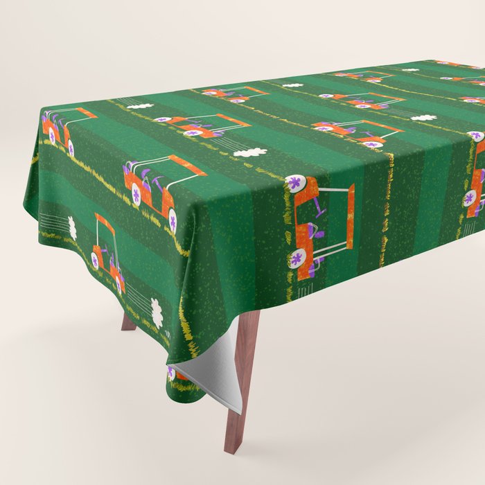 Retro Golf Cart Rides in Emerald Green & Orange Tablecloth Gallery Image 1