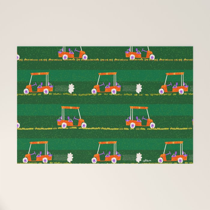 Retro Golf Cart Rides in Emerald Green & Orange Welcome Mat Gallery Image 1