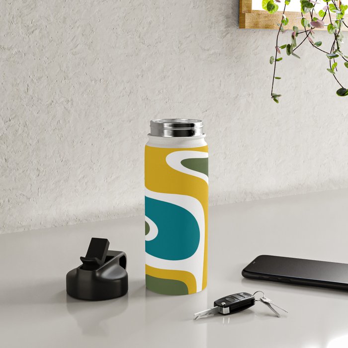 Retro Copacetic Mid Century Modern Abstract Mustard Olive Teal Water Bottle Gallery Image 4