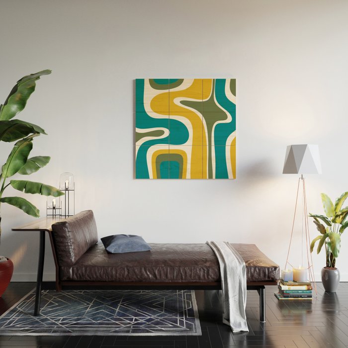 Retro Copacetic Mid Century Modern Abstract Mustard Olive Teal Wood Wall Art Gallery Image 2