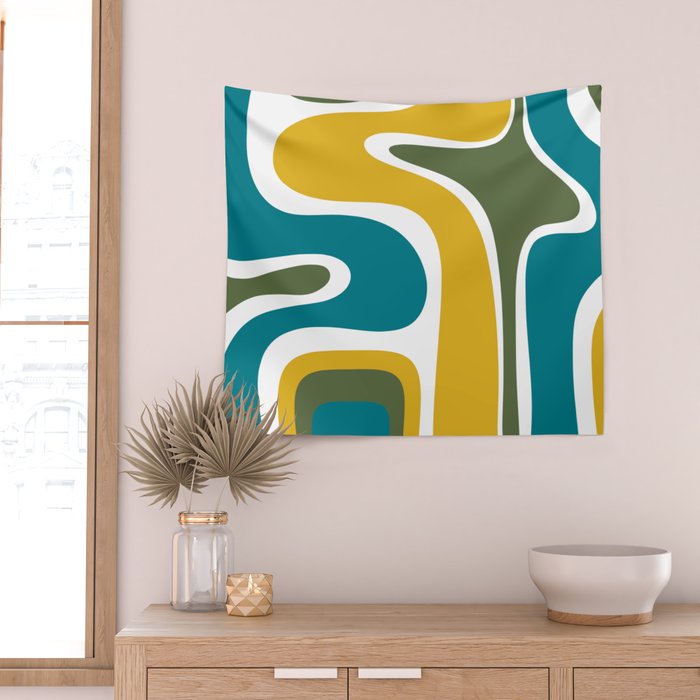 Retro Copacetic Mid Century Modern Abstract Mustard Olive Teal Wall Tapestry Gallery Image 2