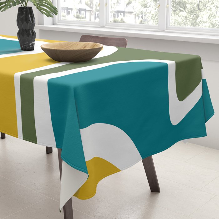 Retro Copacetic Mid Century Modern Abstract Mustard Olive Teal Tablecloth Gallery Image 3
