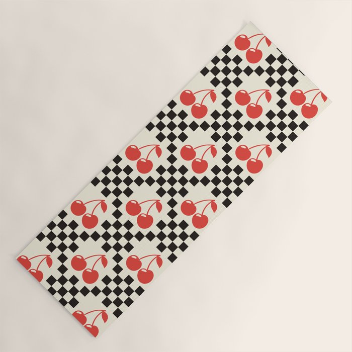 Red Cherries, Black & White Double Checker Yoga Mat Gallery Image 1
