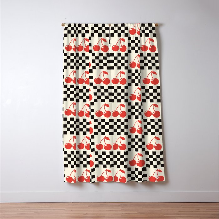 Red Cherries, Black & White Double Checker Window Curtain Gallery Image 3