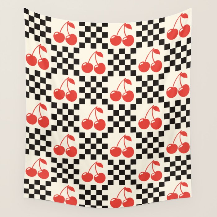 Red Cherries, Black & White Double Checker Wall Tapestry Gallery Image 1