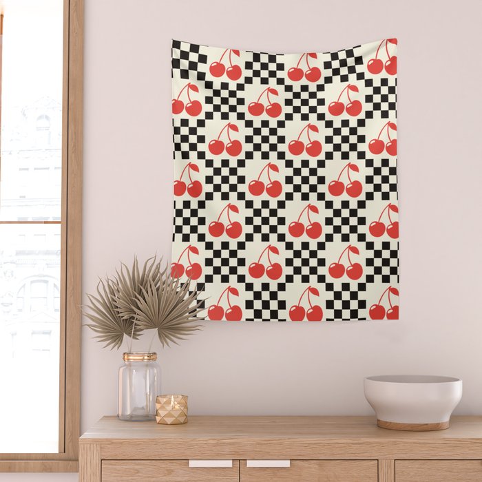 Red Cherries, Black & White Double Checker Wall Tapestry Gallery Image 2