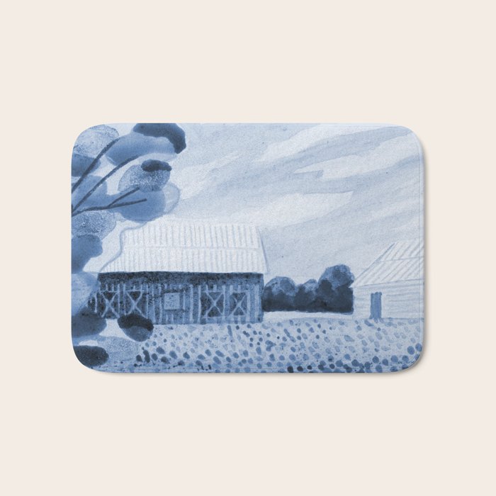 Rustic Country Barn Painting in Navy Blue Bath Mat Gallery Image 1
