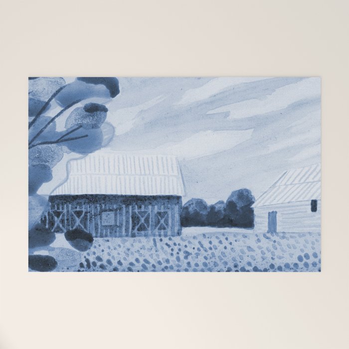 Rustic Country Barn Painting in Navy Blue Welcome Mat Gallery Image 1