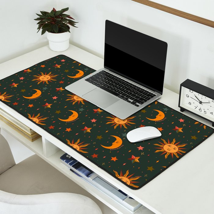 Folk Moon and Star Print in Teal Desk Mat Gallery Image 2