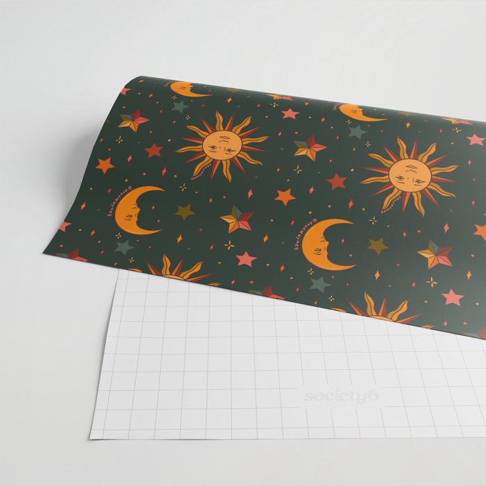 Folk Moon and Star Print in Teal Wrapping Paper Gallery Image 2