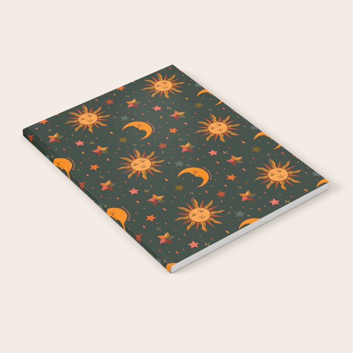 Folk Moon and Star Print in Teal Notebook