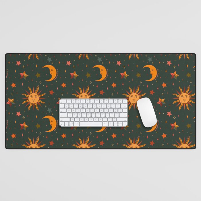 Folk Moon and Star Print in Teal Desk Mat Gallery Image 1