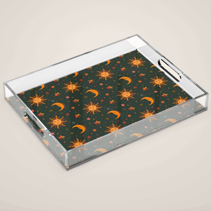 Folk Moon and Star Print in Teal Acrylic Tray Gallery Image 1