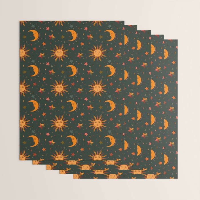 Folk Moon and Star Print in Teal Wrapping Paper Gallery Image 3