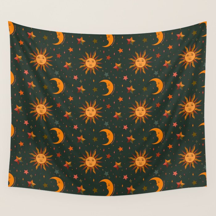 Folk Moon and Star Print in Teal Wall Tapestry Gallery Image 4