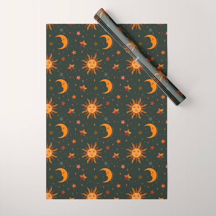 Folk Moon and Star Print in Teal Wrapping Paper Gallery Image 1