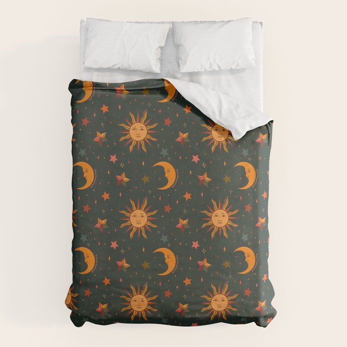 Folk Moon and Star Print in Teal Duvet Cover Gallery Image 6