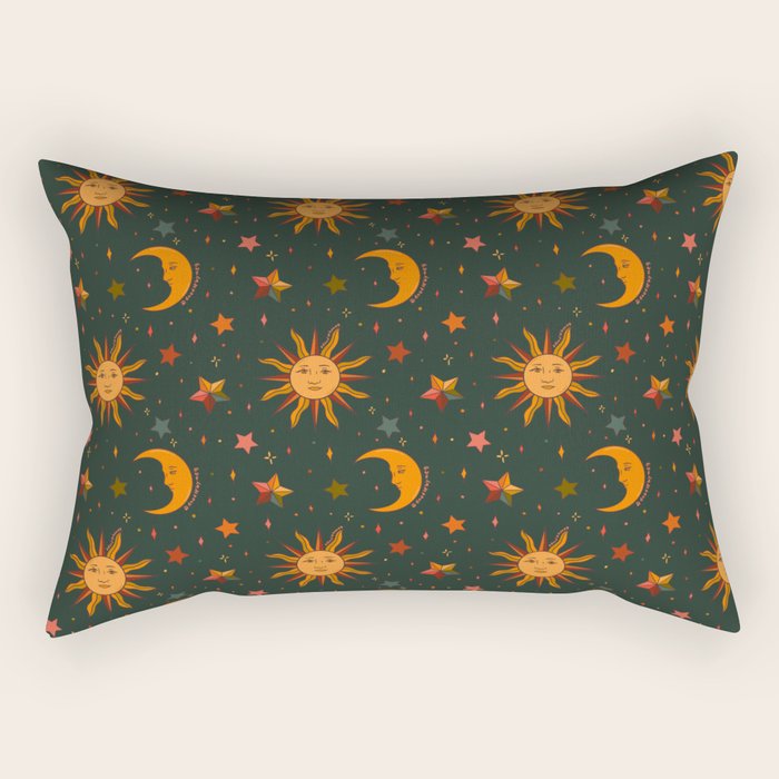 Folk Moon and Star Print in Teal Rectangular Pillow Gallery Image 2