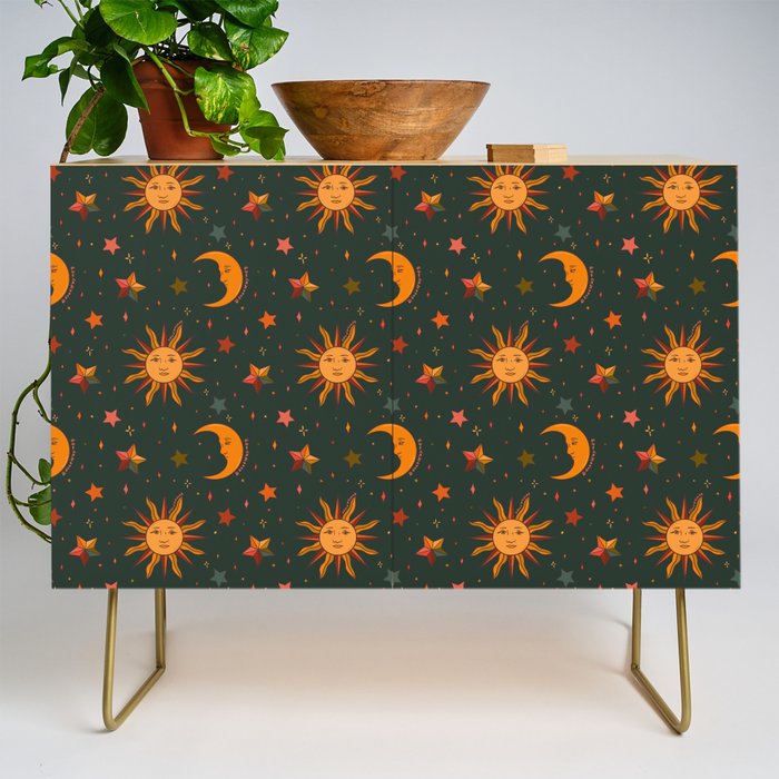 Folk Moon and Star Print in Teal Credenza Gallery Image 1