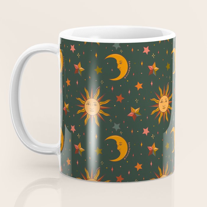 Folk Moon and Star Print in Teal Coffee Mug Gallery Image 3