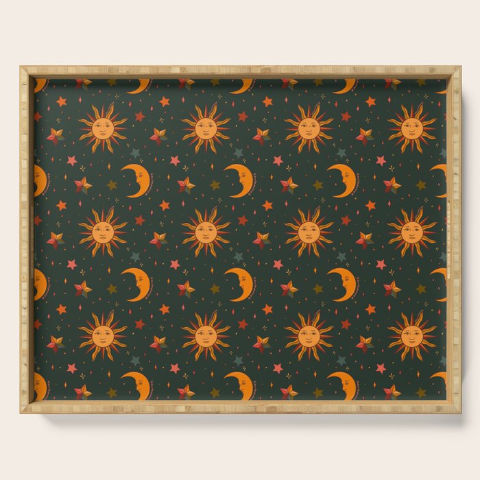 Folk Moon and Star Print in Teal Serving Tray Gallery Image 1