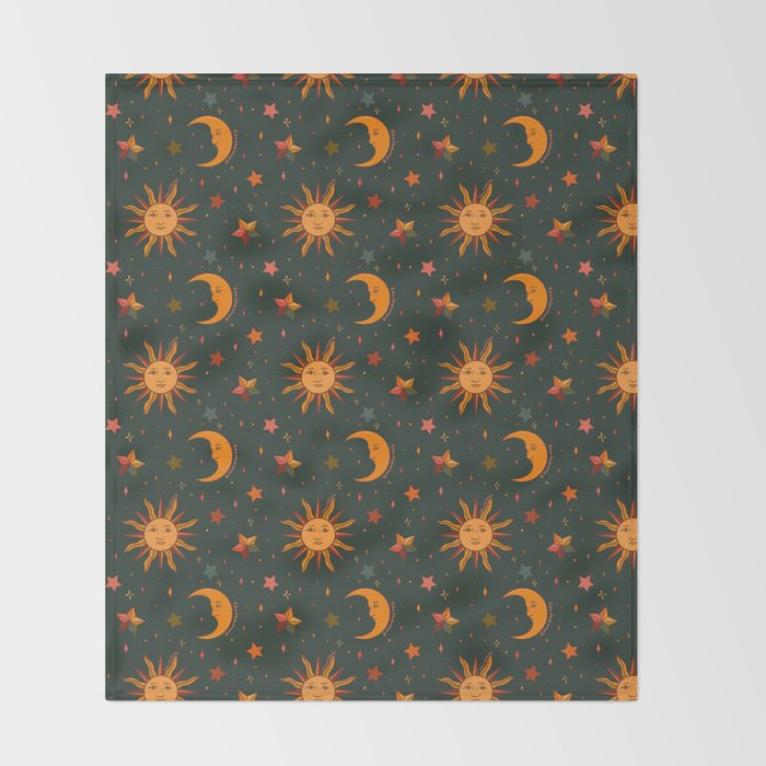 Folk Moon and Star Print in Teal Throw Blanket Gallery Image 2