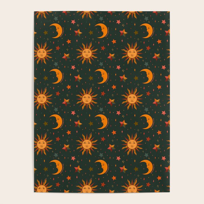 Folk Moon and Star Print in Teal Poster Gallery Image 4