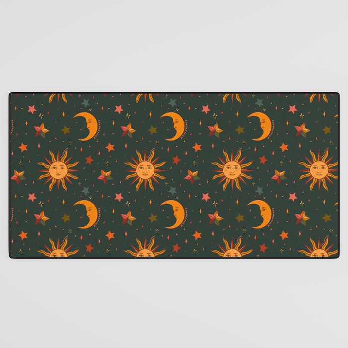 Folk Moon and Star Print in Teal Desk Mat Gallery Image 3
